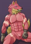  armor blue_eyes bodysuit bulge canine clothing fur gauntlets gloves male mammal pink_fur skinsuit solo spandex tight_clothing wolf 