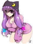  1girl alternate_headwear blouse breasts cleavage crescent cropped_legs female hat highres large_breasts leaning_forward long_hair looking_at_viewer patchouli_knowledge purple_eyes purple_hair signature simple_background solo tajima_yuuki touhou twintails white_background 