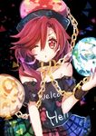  bare_shoulders blush chain clothes_writing collar earth hecatia_lapislazuli highres kyouda_suzuka moon multicolored multicolored_clothes multicolored_skirt one_eye_closed polos_crown raised_eyebrow red_eyes red_hair skirt solo touhou 