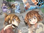  &gt;_&lt; akatsuki_(kantai_collection) artist_name brown_eyes brown_hair closed_eyes commentary_request darkside fan fang fish fish_in_mouth folded_ponytail grill grilling hair_ornament hairclip hibiki_(kantai_collection) ikazuchi_(kantai_collection) inazuma_(kantai_collection) japanese_clothes kantai_collection kimono long_hair looking_at_viewer multiple_girls obi open_mouth paper_fan ponytail purple_hair sash saury shichirin short_hair silver_hair squatting tairyou-bata uchiwa yukata 