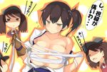  blush breast_envy breasts brown_eyes brown_hair commentary_request japanese_clothes kaga_(kantai_collection) kantai_collection large_breasts long_hair magatama multiple_girls ryuujou_(kantai_collection) side_ponytail simple_background tenpesuto translation_request twintails visor_cap 