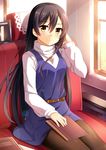  belt blue_dress book_on_lap brown_eyes brown_hair dress dust ground_vehicle hair_between_eyes hand_in_hair jewelry light_rays long_sleeves looking_at_viewer love_live! love_live!_school_idol_project mmrailgun necklace notebook pantyhose seat sitting smile solo sonoda_umi sunlight train_interior turtleneck window 
