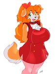  anthro big_breasts breasts brown_fur canine chalo clothing dog dress female fur green_eyes hair huge_breasts kibbles long_hair mammal multicolored_fur orange_hair smile solo thick_thighs two_tone_fur uberquest white_fur wide_hips 