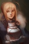 3four ahoge artoria_pendragon_(all) blonde_hair breastplate crossed_arms fate/stay_night fate_(series) fur_collar gauntlets green_eyes highres lips nose saber solo 