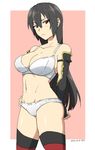  arms_behind_back black_hair bra breasts commentary_request elbow_gloves fingerless_gloves gloves hair_down ikeshita_moyuko kantai_collection large_breasts long_sleeves looking_at_viewer nagato_(kantai_collection) panties red_eyes solo thighhighs underwear underwear_only white_bra white_panties 