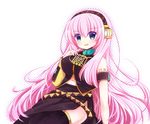  bad_id bad_pixiv_id black_legwear black_skirt blue_eyes blush boots breasts detached_sleeves headset large_breasts long_hair long_skirt looking_at_viewer megurine_luka midriff open_mouth pink_hair side_slit skirt smile solo sukuneko thighhighs very_long_hair vocaloid 