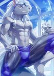  bare_chest bodysuit canine clothing cloud drink eyewear goggles hair long_hair male mammal skinsuit solo spandex wet window wolf 