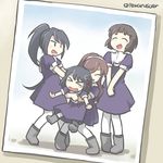  &gt;_&lt; ashigara_(kantai_collection) black_hair blush_stickers boots brown_hair closed_eyes dress haguro_(kantai_collection) hair_ornament hairband hairclip hug hug_from_behind kantai_collection long_hair multiple_girls myoukou_(kantai_collection) nachi_(kantai_collection) open_mouth pantyhose photo_(object) pigeon-toed ponytail purple_dress short_hair tears tewarusa twitter_username v_arms white_legwear younger 