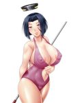  1girl areola_slip areolae ayato bare_shoulders blue_hair blush breasts cleavage curvy erect_nipples huge_breasts looking_at_viewer navel parted_lips puffy_nipples red_eyes short_hair smile solo standing tagme thick_thighs wide_hips 