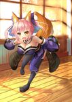  absurdres animal_ears bare_shoulders bow breasts cleavage detached_sleeves fang fate/extra fate_(series) fox_ears fox_tail hair_bow hair_ribbon highres japanese_clothes large_breasts long_hair miyajima_(anthem-anthem) open_mouth pink_hair ribbon solo tail tamamo_(fate)_(all) tamamo_no_mae_(fate) thighhighs twintails yellow_eyes 