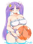  ball beachball bikini breasts crescent frilled_bikini frills large_breasts long_hair looking_at_viewer parted_lips partially_submerged patchouli_knowledge purple_eyes purple_hair signature simple_background solo swimsuit tajima_yuuki touhou twintails very_long_hair white_background 