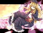  absurdres barefoot blonde_hair chinese_clothes dress feet fox_tail hat highres iwashi_(nisankatanso) junko_(touhou) long_hair long_sleeves red_eyes sash smile solo tabard tail touhou wide_sleeves 
