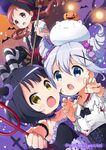  :d :o angora_rabbit bat blood bunny candy claw_pose collarbone cravat fang food gochuumon_wa_usagi_desu_ka? hair_bobbles hair_ornament hairclip halloween halloween_costume hat highres jouga_maya kafuu_chino multiple_girls natsu_megumi neki_(wakiko) official_style on_head open_mouth pitchfork scar smile striped striped_legwear sweets tippy_(gochiusa) twitter_username underbust upper_body wand witch_hat x_hair_ornament 