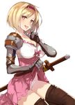  armor blonde_hair blush boots breasts brown_eyes brown_footwear brown_legwear cleavage djeeta_(granblue_fantasy) dress fighter_(granblue_fantasy) gauntlets gloves granblue_fantasy hairband heart heart-shaped_pupils highres large_breasts looking_at_viewer open_mouth panties pink_hairband realmbw short_hair simple_background skirt skirt_lift smile solo suggestive_fluid sword symbol-shaped_pupils thigh_boots thighhighs tongue tongue_out underwear weapon white_background white_panties 