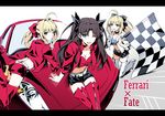  ;d ahoge artoria_pendragon_(all) belt black_hair blonde_hair blue_eyes bow checkered checkered_flag fate/extra fate/stay_night fate_(series) ferrari flag green_eyes hair_bow jacket kon_manatsu md5_mismatch midriff multiple_girls navel nero_claudius_(fate) nero_claudius_(fate)_(all) one_eye_closed open_mouth ponytail race_queen saber shorts smile thighhighs toosaka_rin two_side_up 
