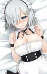  alternate_costume apron black_choker blue_eyes blush breasts choker cleavage cole enmaided eyes_visible_through_hair frilled_choker frills hair_ornament hair_over_one_eye hairclip hamakaze_(kantai_collection) kantai_collection large_breasts maid maid_apron maid_headdress short_hair silver_hair sleeveless solo 