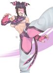  breasts cleavage fighting_stance fingerless_gloves gloves glowing glowing_eye halter_top halterneck han_juri leg_up lens_flare nail_polish navel purple_hair sash solo spiked_bracelet stomach street_fighter street_fighter_iv super_street_fighter_iv talez01 underboob 