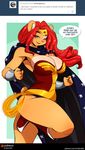  ambar anthro bear big_breasts blue_eyes breasts brown_fur chalo clothed clothing cosplay dc_comics english_text facial_markings female fur hair huge_breasts las_lindas long_hair mammal markings open_mouth red_hair smile solo superhero text thick_thighs white_fur wide_hips wonder_woman 