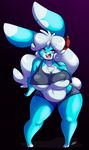  anthro areola big_breasts blue_fur blue_nose breasts buckteeth chalo clothed clothing female fur hair hair_bow huge_breasts lagomorph long_hair looking_at_viewer mammal multicolored_fur navel open_mouth pixels_bunni rabbit red_eyes smile solo teeth thick_thighs two_tone_fur white_fur white_hair wide_hips 