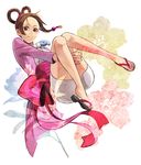  ayasato_harumi bare_legs bow brown_hair error full_body grey_eyes gyakuten_saiban gyakuten_saiban_5 hair_rings highres japanese_clothes jewelry magatama necklace older pink_bow sandals short_hair skirt smile solo wrong_feet yoruno22 