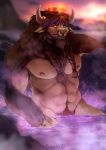  3_fingers abs anthro beard blizzard_entertainment body_hair bovine braided_hair brown_fur brown_hair chest_fur chest_hair facial_hair fur hair male mammal muscular muscular_male nipples nude pecs pinup portrait pose shalinka tauren teeth triceps video_games warcraft 