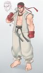  1boy abs barefoot beads beard black_hair boxing_gloves dougi facial_hair feet fingerless_gloves full_body gloves headband necklace open_clothes ryuu_(street_fighter) sash solo street_fighter talez01 