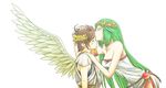  1boy 1girl angel arm armlet bare_arms bare_shoulders belt blush breasts brown_hair circlet couple dress eyes_closed feathered_wings forehead_kiss green_hair hair_ornament hand_on_another's_head hand_on_another's_shoulder headpiece highres hug jewelry kid_icarus kid_icarus_uprising kiss leaning leaning_forward neck neck_ring nintendo palutena pit_(kid_icarus) saiba_(henrietta) short_hair side_slit simple_background strapless strapless_dress tiara upper_body very_long_hair white_background white_dress wings 