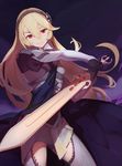  3four breastplate breasts cloak cowboy_shot detached_sleeves elbow_gloves female_my_unit_(fire_emblem_if) fighting_stance fire_emblem fire_emblem_if gem gloves hair_between_eyes hairband long_hair my_unit_(fire_emblem_if) red_eyes reverse_grip small_breasts solo sword thighhighs weapon 