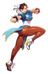  ass black_legwear bracelet brown_hair bun_cover china_dress chinese_clothes chun-li commentary double_bun dress eyeshadow fighting_stance highres jewelry makeup pantyhose pelvic_curtain robert_porter sash shoes short_hair smile sneakers solo spiked_bracelet spikes street_fighter twisted_torso 