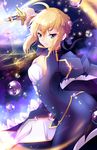  ahoge aqua_eyes artoria_pendragon_(all) blonde_hair bow bubble city_lights cleavage_cutout cowboy_shot fate/stay_night fate_(series) hair_bow holding holding_sword holding_weapon long_sleeves saber serious solo sparkle squchan sword tied_hair weapon 