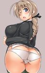  1girl ass black_eyes blush breasts brown_hair butt_crack female huge_breasts kuronyan long_hair looking_back lynette_bishop open_mouth panties plump simple_background skirt skirt_lift solo standing strike_witches underwear white_panties wince 