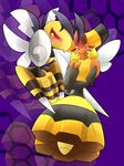  1girl aachi alternate_form bee beedrill couple insect_wings looking_at_viewer mega_beedrill mega_pokemon nintendo no_humans pointing pokemon purple_background ragujuka_(aachi) red_eyes serious smile sting vespiquen wings zoom_layer 