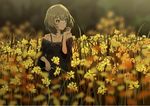  bad_id bad_pixiv_id blue_eyes blurry ciero collarbone depth_of_field field flower flower_field grey_hair holding holding_flower idolmaster idolmaster_cinderella_girls looking_to_the_side mole mole_under_eye off_shoulder outdoors short_hair smile solo takagaki_kaede yellow_flower 