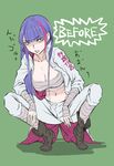 bandages before_and_after bousouzoku breasts cleavage clenched_teeth collarbone delinquent fate/grand_order fate_(series) green_eyes highlights jacket large_breasts midriff multicolored_hair navel pants purple_hair saint_martha sarashi solo squatting teeth translated utu_(ldnsft) 