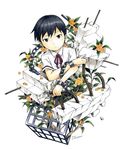  artist_name bad_id bad_pixiv_id black_hair brown_eyes chain crossed_arms cuffs flower gold_osmanthus looking_at_viewer male_focus marker_(medium) noeyebrow_(mauve) original shackles simple_background solo traditional_media white_background 