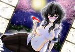  1girl black_hair blush breasts breasts_outside cherry_blossoms come_hither cup drunk looking_at_viewer maji_de_watashi_ni_koi_shinasai! maji_de_watashi_ni_koi_shinasai!_s medium_breasts moon musashibou_benkei navel nipples panties panties_under_pantyhose pantyhose purple_eyes sakazuki solo thighband_pantyhose topless underwear 