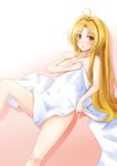  ahoge aoi_usagi bad_id bad_pixiv_id bed_sheet blonde_hair breasts cleavage covering covering_breasts long_hair medium_breasts oda_nobuna oda_nobuna_no_yabou sheet_grab solo yellow_eyes 