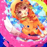  brown_hair gradient_hair hood hoodie multicolored_hair open_mouth original paintbrush red_eyes short_hair solo urara_(sumairuclover) 