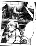  from_below greyscale hade_na_kangofu highres knife monochrome multiple_girls pipes thought_bubble 