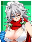  blue_eyes bra braid breasts gloves heart heart-shaped_pupils izayoi_sakuya large_breasts light_smile maid_headdress one_eye_closed scarf short_hair silver_hair solo symbol-shaped_pupils tajima_yuuki touhou twin_braids underwear 