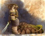  2014 anthro brown_scales brown_skin claws clothed clothing cobra female hattonslayden melee_weapon pose reptile scales scalie skirt snake snake_hood solo sword tube_top weapon 