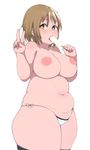  belly bikini blush breasts bright_pupils brown_eyes commentary_request cowboy_shot fat fat_folds food idolmaster idolmaster_cinderella_girls inverted_nipples large_breasts light_brown_hair looking_at_viewer mimura_kanako navel nipples oozon_(ozon) plump popsicle sexually_suggestive short_hair side-tie_bikini simple_background solo sweat swimsuit thick_thighs thighhighs thighs topless v white_background 