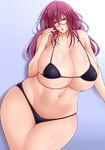  1girl blush breasts cleavage curvy gigantic_breasts glasses huge_breasts long_hair looking_at_viewer micro_bikini navel parted_lips pink_eyes pink_hair plump saogokushi solo swimsuit thick_thighs wide_hips 
