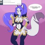  anthro big_breasts blue_eyes blue_hair breasts cat clothed clothing english_text feline female fingerless_gloves fur gloves hair leggings legwear long_hair mammal multicolored_fur necklace open_mouth purple_fur skidd solo soya stripes text two_tone_fur uberquest white_fur wide_hips 