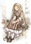  artist_name blush bow building cat closed_eyes cup dress empew full_body holding long_hair mug original outdoors parted_lips shoes sitting solo very_long_hair white_legwear 