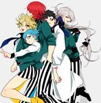  ashikaga_hyouta bishounen_series black_eyes black_hair blonde_hair blue_eyes blue_hair fukuroi_mitsuru kinako_(marubotan) long_hair low-tied_long_hair male_focus multiple_boys necktie official_art pants red_hair sakiguchi_nagahiro school_uniform silver_hair smile soutouin_manabu striped striped_pants v yellow_eyes yubiwa_sousaku 