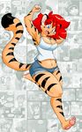 animal_humanoid anthro big_breasts black_stripes blue_eyes breasts caribbean_blue cat_humanoid chalo chest_tuft clothed clothing denim_shorts feline female fur hair humanoid inner_ear_fluff mammal navel open_mouth orange_fur red_hair short_hair shorts smile solo stripes tiger tina_(caribbean_blue) tuft 