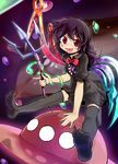  :p black_hair black_legwear dress feet hands highres houjuu_nue m_spark polearm red_eyes short_hair snake solo thighhighs tongue tongue_out touhou trident ufo weapon wings zettai_ryouiki 