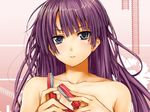  bakemonogatari bare_shoulders blush duplicate hands long_hair monogatari_(series) purple_hair solo stapler 