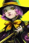  2009 bad_source broom copyright_request halloween hands hat lips pink_hair short_hair slit_pupils solo tirael witch witch_hat yellow_background yellow_eyes 